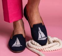 ByPaige Needlepoint White Sailboat on Navy Ladies Loafers 