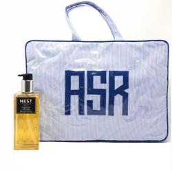  Large Handled cosmetic bag in blue stripe with Matt appliqué. Available in many color stripes or solids.   Large Handled cosmetic bag in blue stripe with Matt appliqué. Available in many color stripes or solids.  NULL