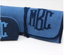   Hanging Cosmetic Case in sky blue textured linen with Classic appliqué   24’’ x 12’’    Hanging Cosmetic Case in sky blue textured linen with Classic appliqué   24’’ x 12’’  NULL