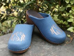 Monogrammed Denim Blue Wool Clogs Monogrammed Denim Blue Wool Clogs 
