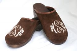 Monogrammed Brown Suede Clogs on Brown Flex Heels Monogrammed Brown Suede Clogs 