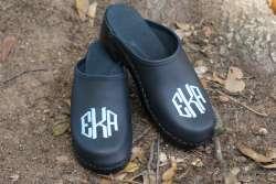 Black leather clog with a light blue diamond monogram with black flex heels tblackleatherlight blue diamond 