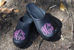 Black leather clog with hot pink interlocking thread with black flex heel thblackleatherhotpinkinterlocking 