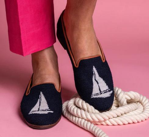 ByPaige Needlepoint White Sailboat on Navy Ladies Loafers   Apparel & Accessories > Shoes > Loafers