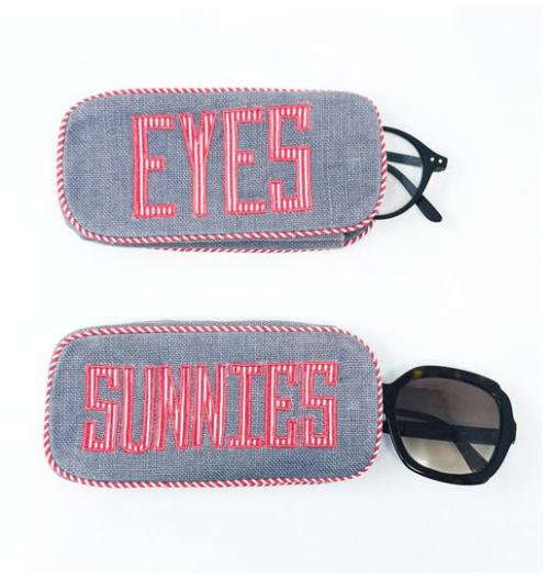 Single Eyeglass and Sunglass Case in grey textured linen with Matt Appliqué in red and white pinstripe  Single Eyeglass and Sunglass Case in grey textured linen with Matt Appliqué in red and white pinstripe  NULL