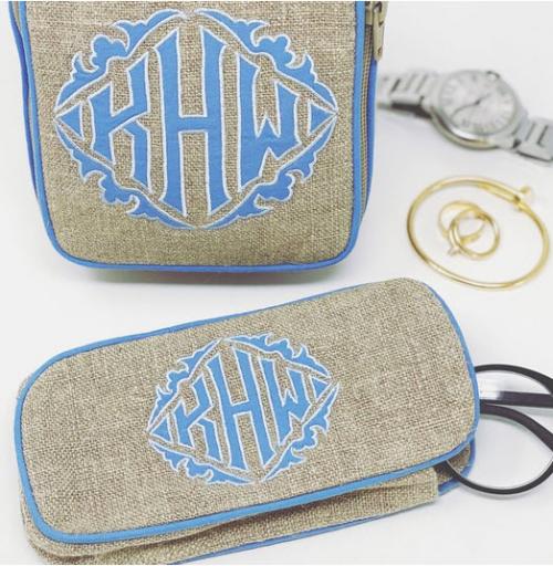  Eyeglass Case and Single Andrea in natural textured linen with blue Maguire appliqué  Any appliqué or monogram available   7 Single Andrea Jewelry Case and Eye Glasses Case NULL