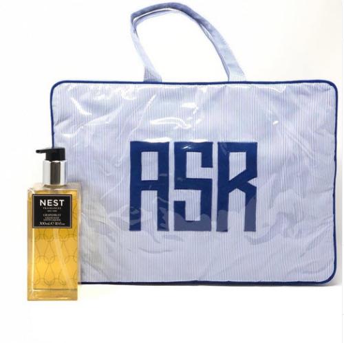  Large Handled cosmetic bag in blue stripe with Matt appliqué. Available in many color stripes or solids.   Large Handled cosmetic bag in blue stripe with Matt appliqué. Available in many color stripes or solids.  NULL
