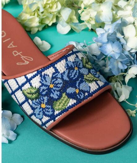 ByPaige Needlepoint Sandals in Blue Hydrangea  Apparel & Accessories > Shoes > Sandals > Slide Sandals