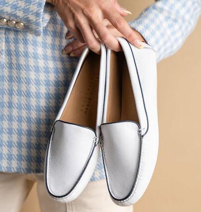 White Trimmed in Navy Jill Leather Driving Moccasin  Apparel & Accessories > Shoes > Loafers