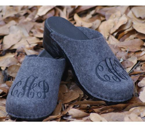 Anthoricite Wool Clogs done in Black Interlocking Thread Anthricite Wool Clogs with Interlocking black monogram 