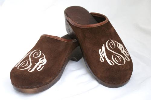 Monogrammed Brown Suede Clogs on Brown Flex Heels Monogrammed Brown Suede Clogs 