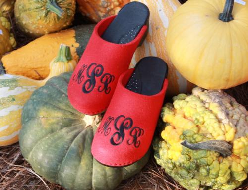 Monogrammed Red Wool Clogs with Sydney Monogram in Black Thread Monogrammed Red Wool Clogs with Sydney Monogram 