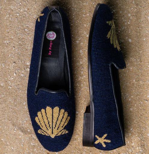 ByPaige Gold Scallop on Navy Ladies Needlepoint Loafers   Apparel & Accessories > Shoes > Loafers