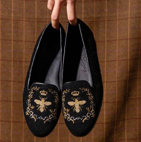 ByPaige Silver and Gold Bee on Black Needlepoint Loafers   Apparel & Accessories > Shoes > Loafers